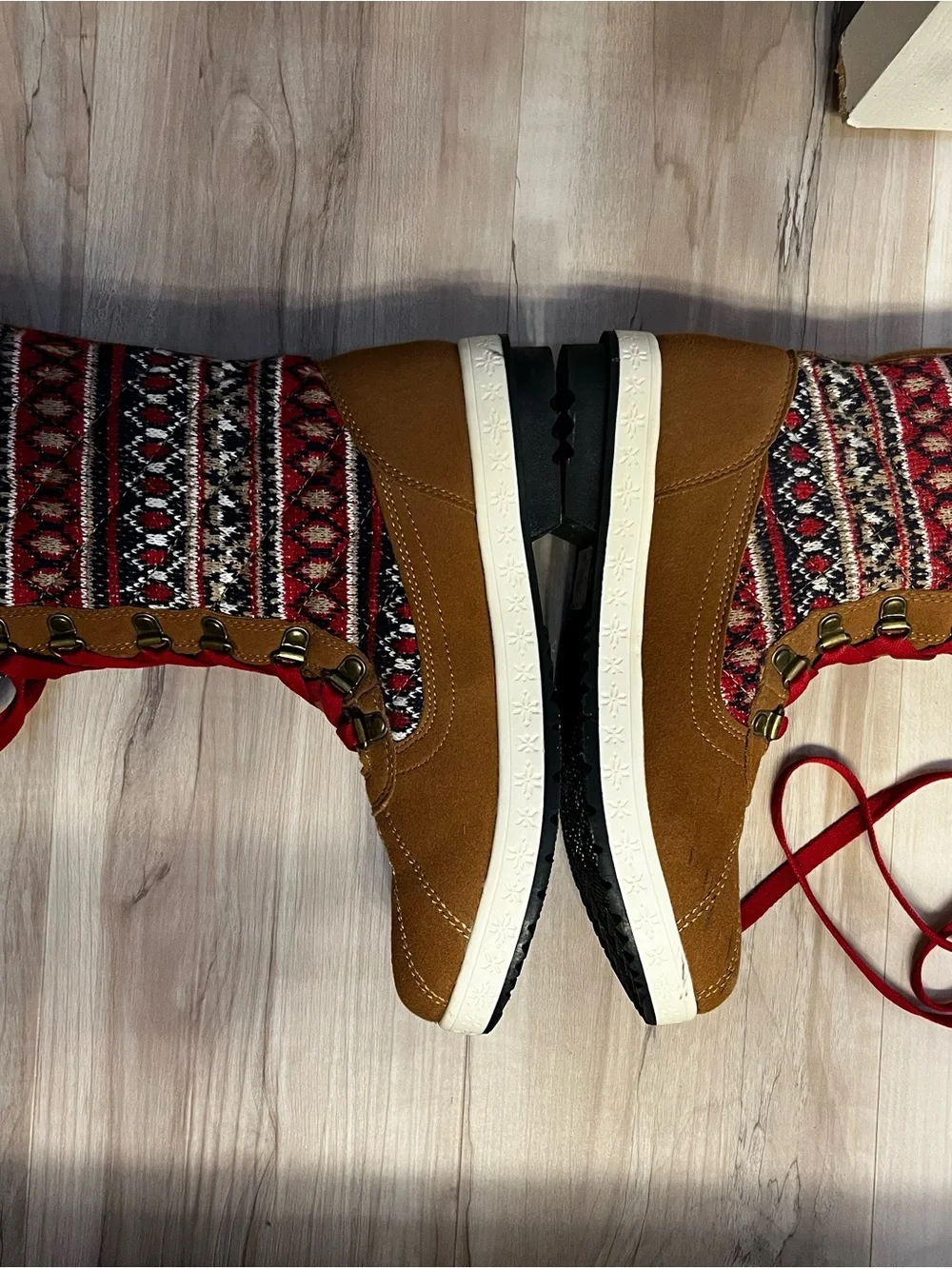 JustFab Women's Tan Faux-Fur Winter Lace-Up Boots with Fair Isle Knit Accents